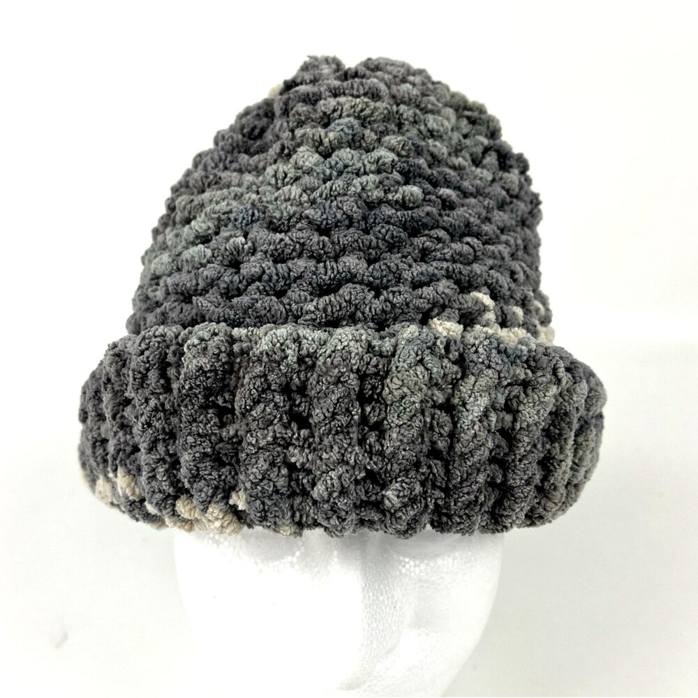 Chunky Chenille Crochet Beanie Slouchy Cuffed Charcoal Cream Ribbed Brim Cozy